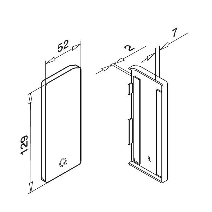 Endkappe Easy Glass Slim Seitenmontage rechts 129 x 52 mm Modell 8034 Aluminium (eloxiert) main product photo