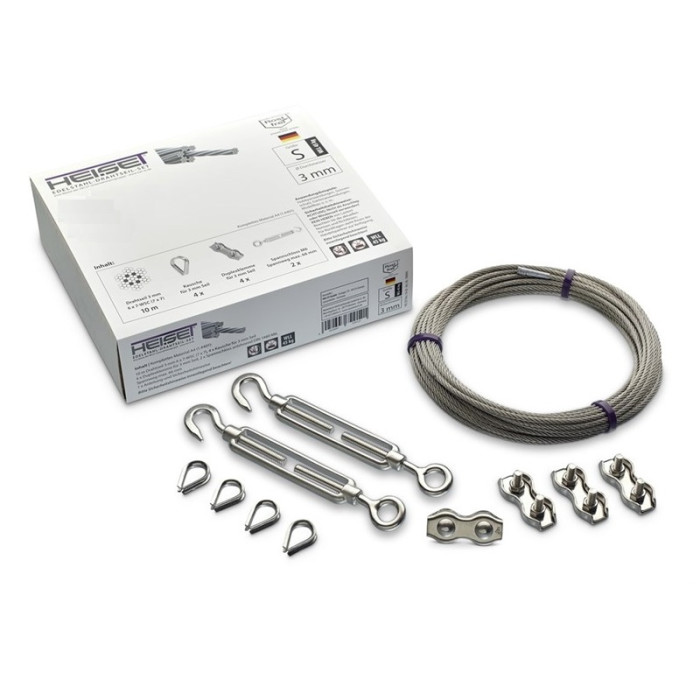 Drahtseil-Set Größe S 4mm 7x19 10m 4 Kauschen 4 Duple x kl. 2 Spannschlösser M8 Edelstahl-316 (A4) main product photo