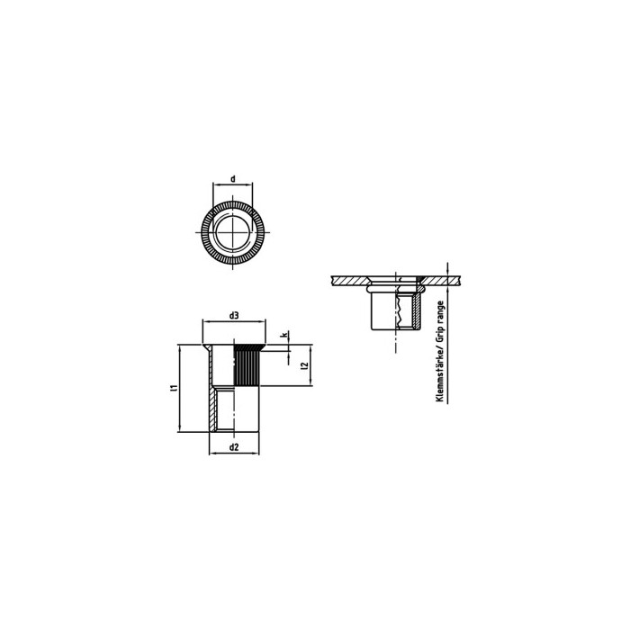 Seko-Einnietmuttern, Rundschaft offen, gerändelt Art. 1023 A4 M6X16 (250 Stück) main product photo